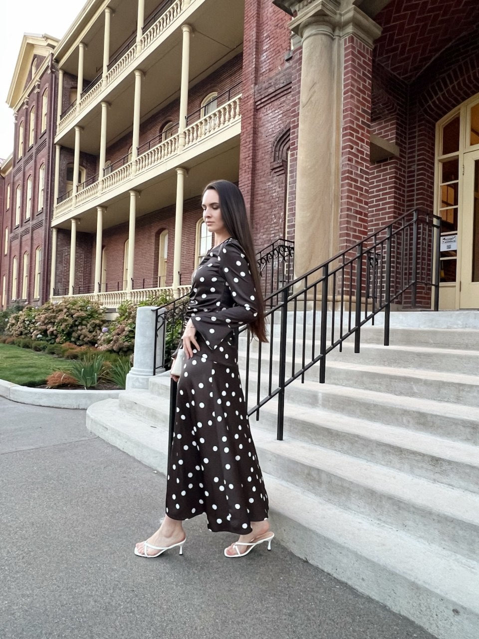 Polka Dot Midi Dress with Ruched Waist