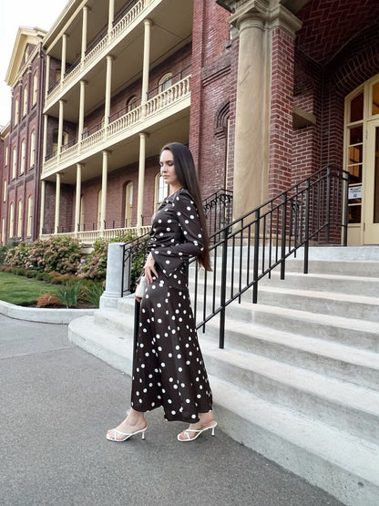 Polka Dot Midi Dress with Ruched Waist