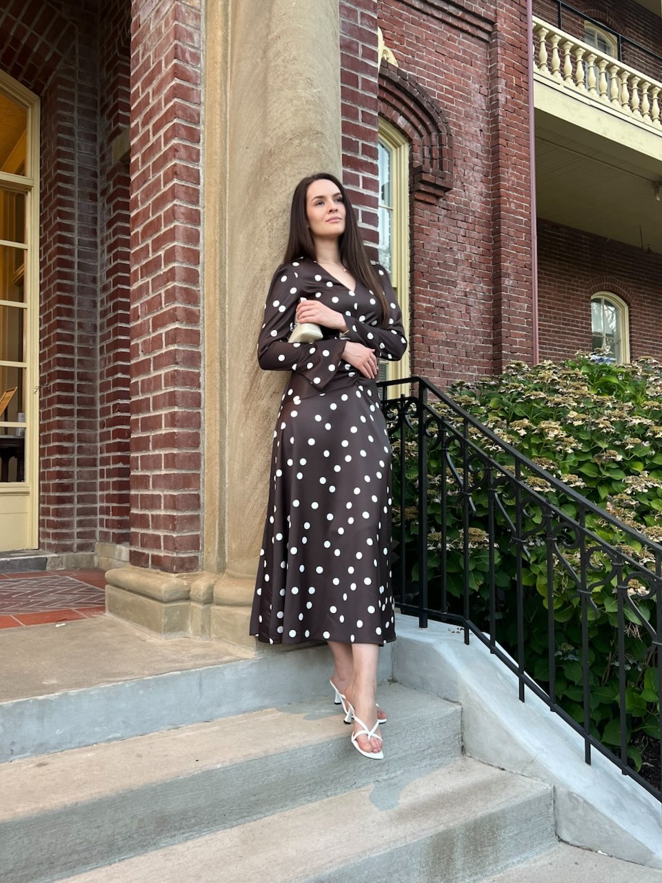 Polka Dot Midi Dress with Ruched Waist