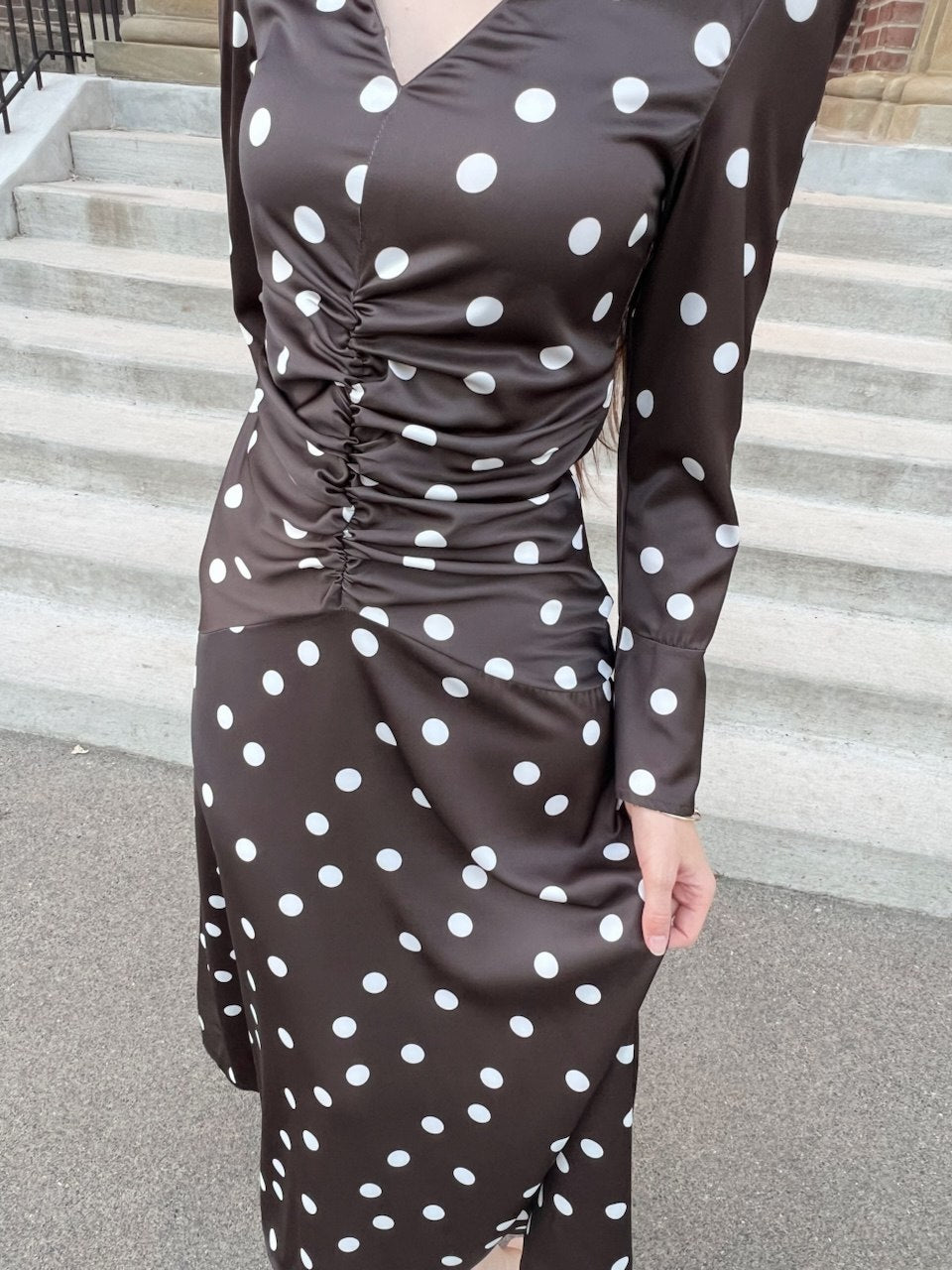 Polka Dot Midi Dress with Ruched Waist
