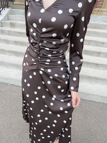 Polka Dot Midi Dress with Ruched Waist