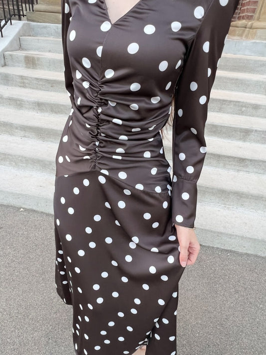 Polka Dot Midi Dress with Ruched Waist