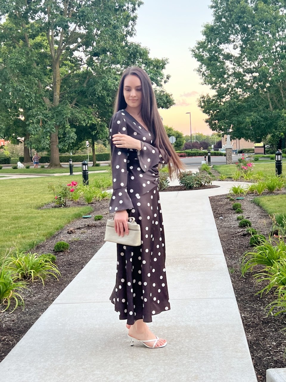 Polka Dot Midi Dress with Ruched Waist