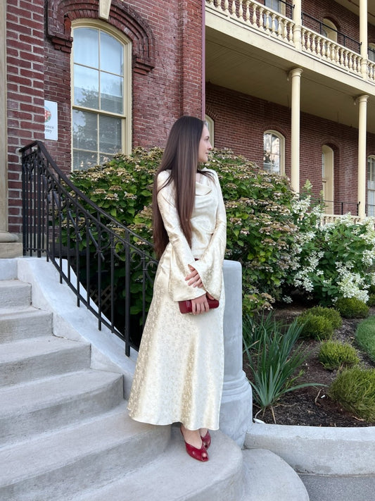 Ivory Jacquard Bell Sleeve Maxi Dress