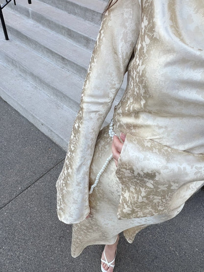 Ivory Jacquard Bell Sleeve Maxi Dress