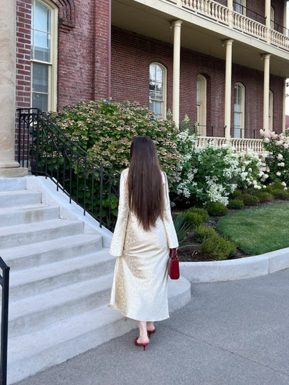 Ivory Jacquard Bell Sleeve Maxi Dress