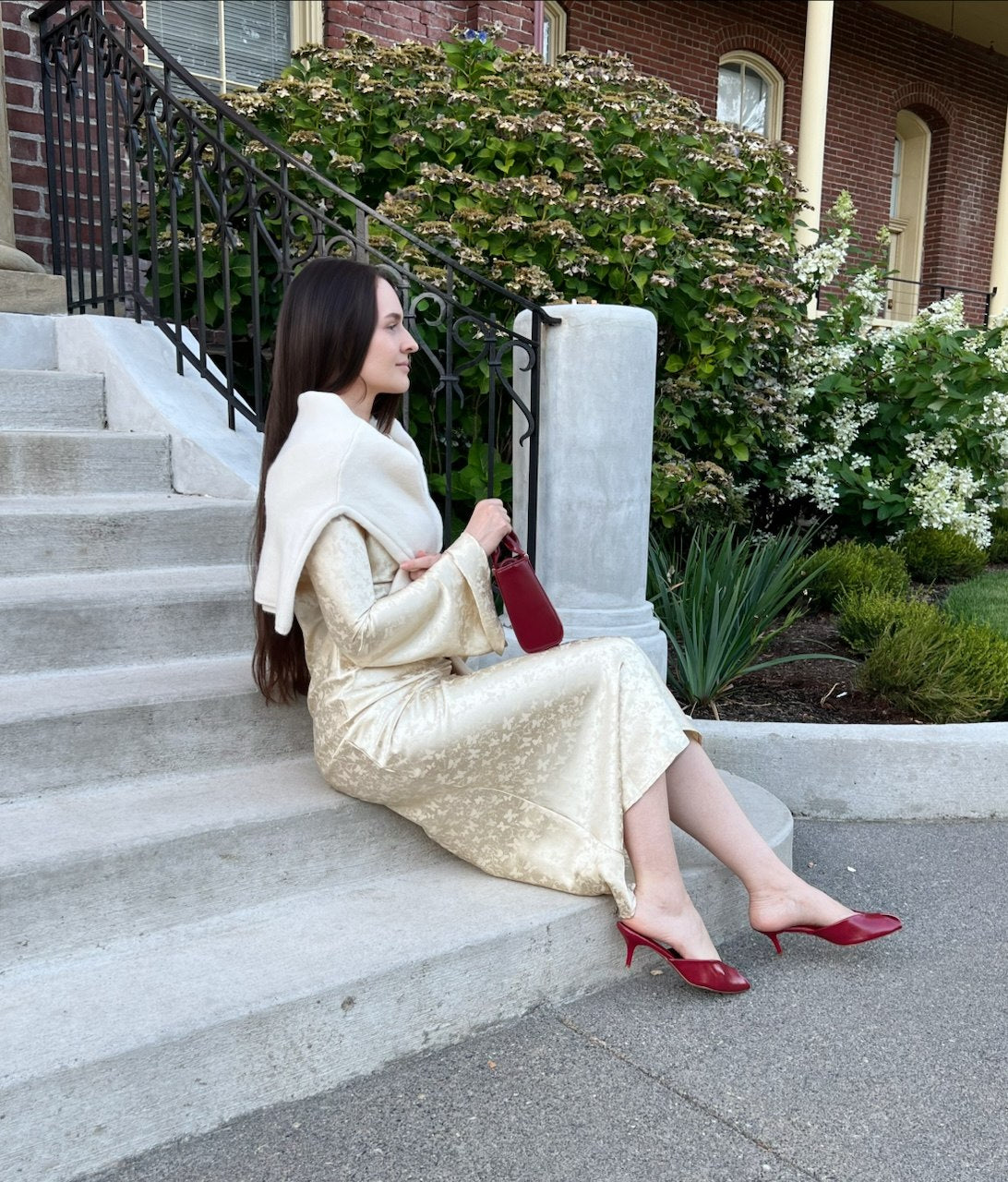 Ivory Jacquard Bell Sleeve Maxi Dress