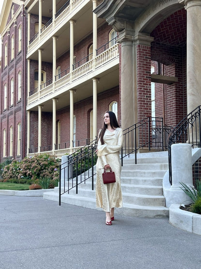 Ivory Jacquard Bell Sleeve Maxi Dress
