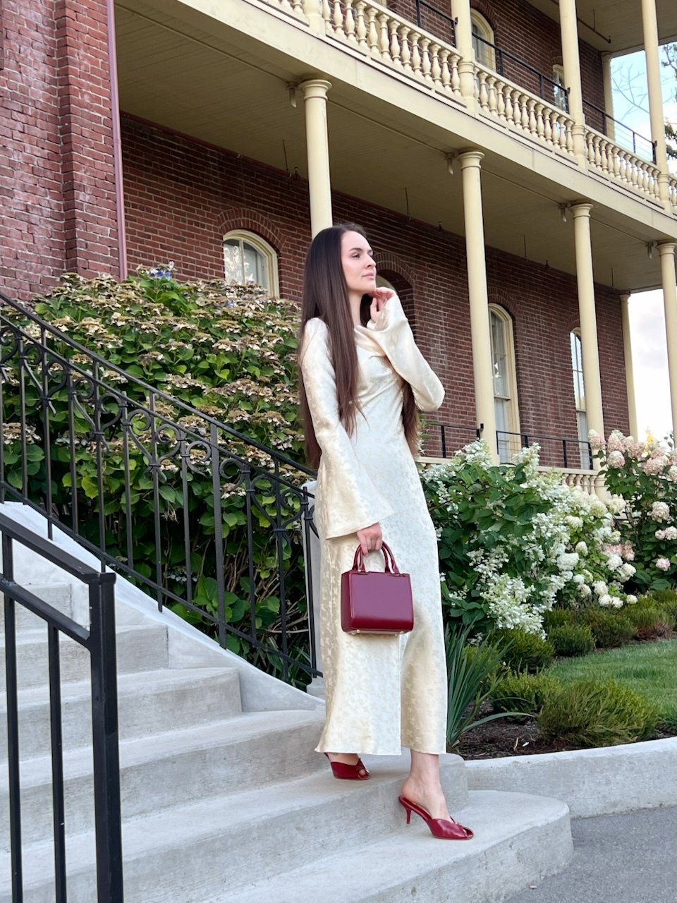 Ivory Jacquard Bell Sleeve Maxi Dress